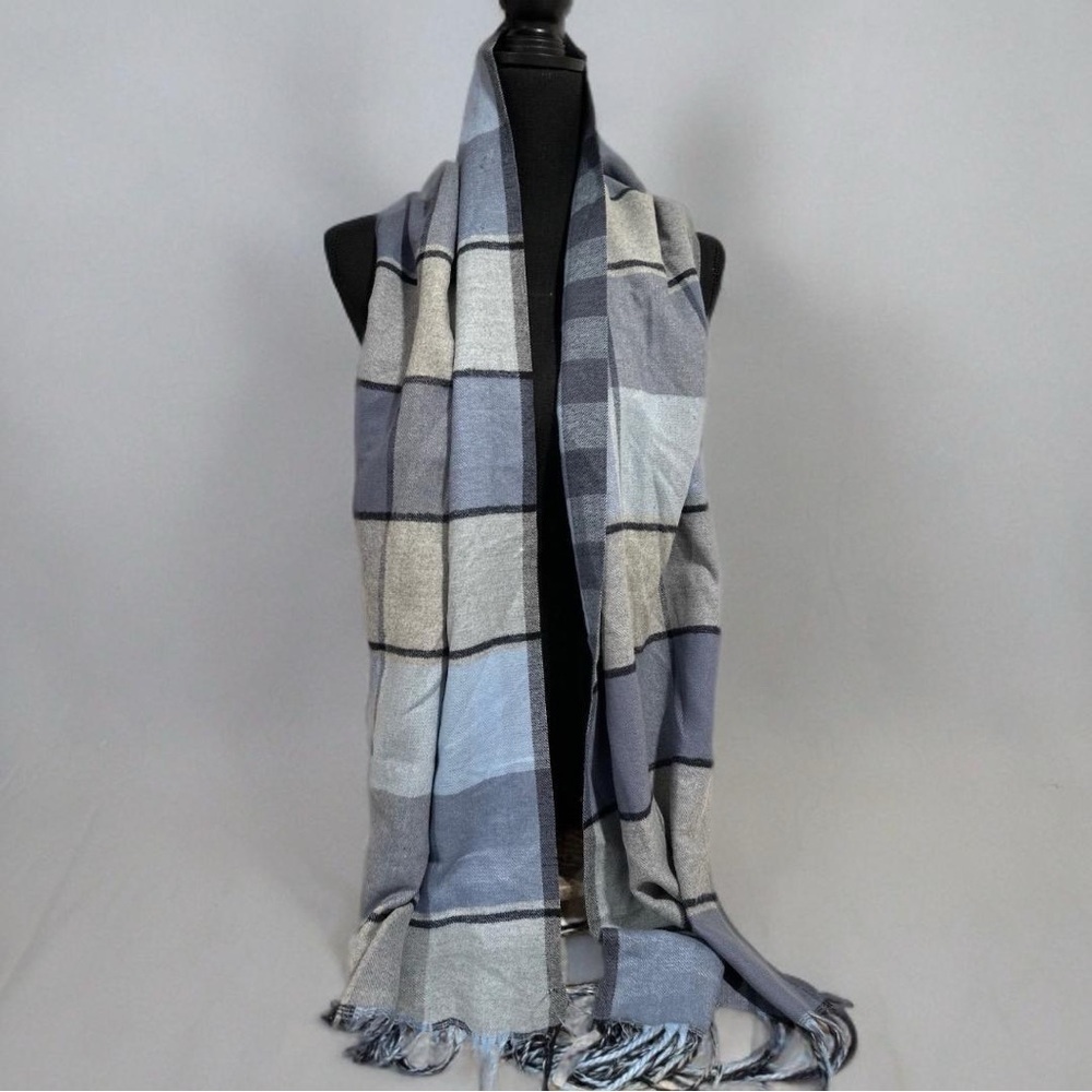 Super SoftDouble sided Plaid & Checked Pattern Blue Toned Long Scarf NEW - Picture 13 of 17